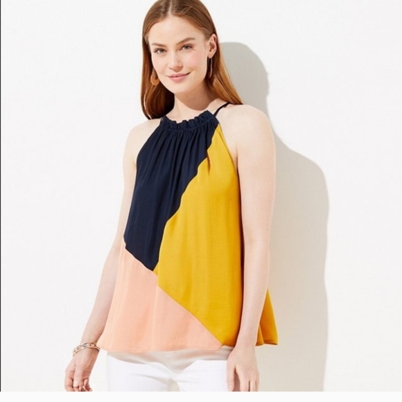 LOFT Colorblock Halter Top Navy, Mustard, Peach - Picture 1 of 5
